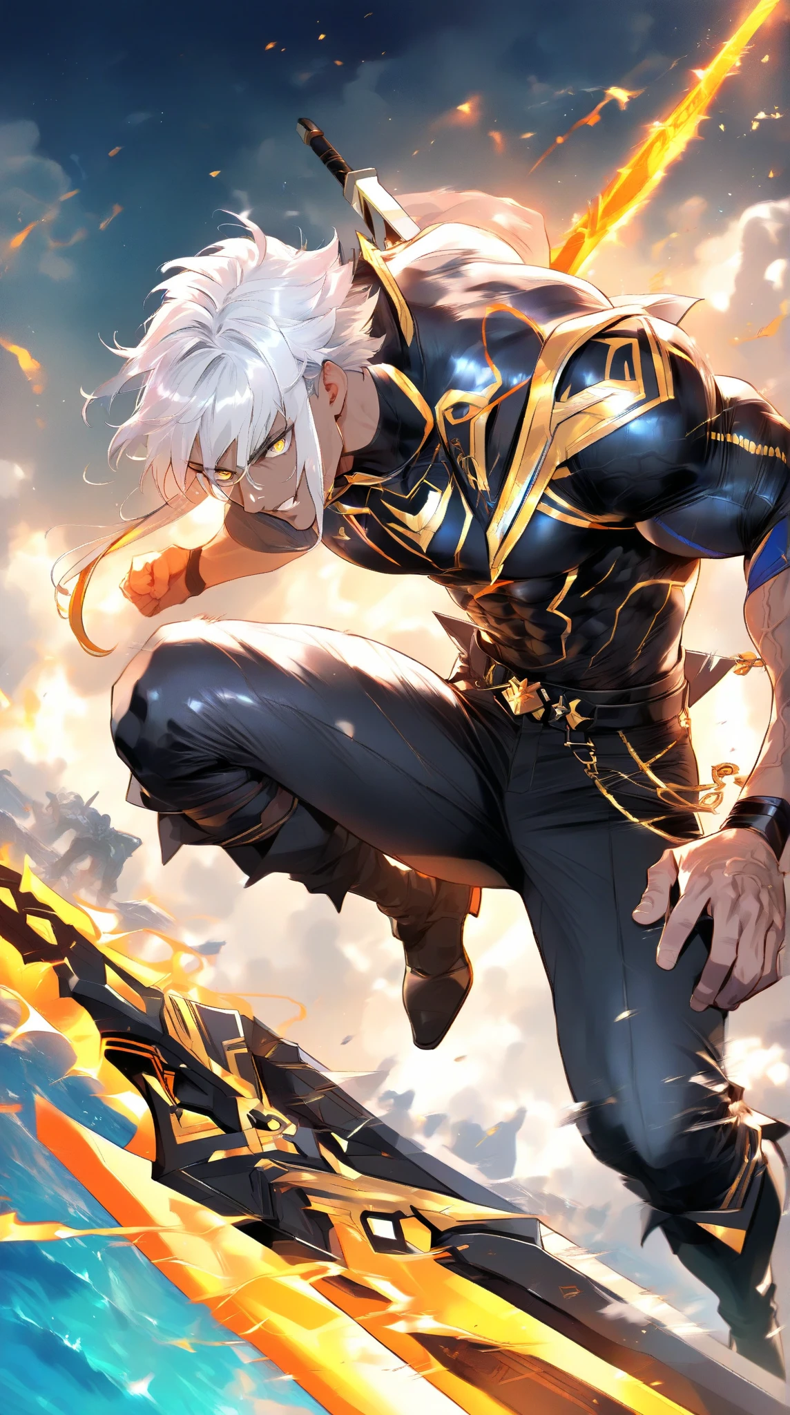 a tall, muscular man, with dark skin, characteristic of Lunarians. His eyes are a bright blue, reminiscent of moonlight. He has long, silvery hair that falls to his waist, always framing his angular, stern face. Two large black wings rise from its back, always ready for battle. His most distinctive feature, however, are the two curved horns that emerge from his forehead, similar to ram's horns but with a peculiar metallic shine, in the vein of One Piece.