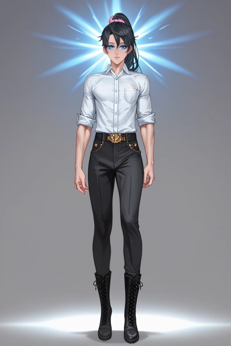 27-year-old man wearing round black sunglasses, no shirt, tattoo all over his arms, blue hair with shaved sides, blind man with a serious face, no shirt, evil look, aura of water and ice, wearing pants from ancient China