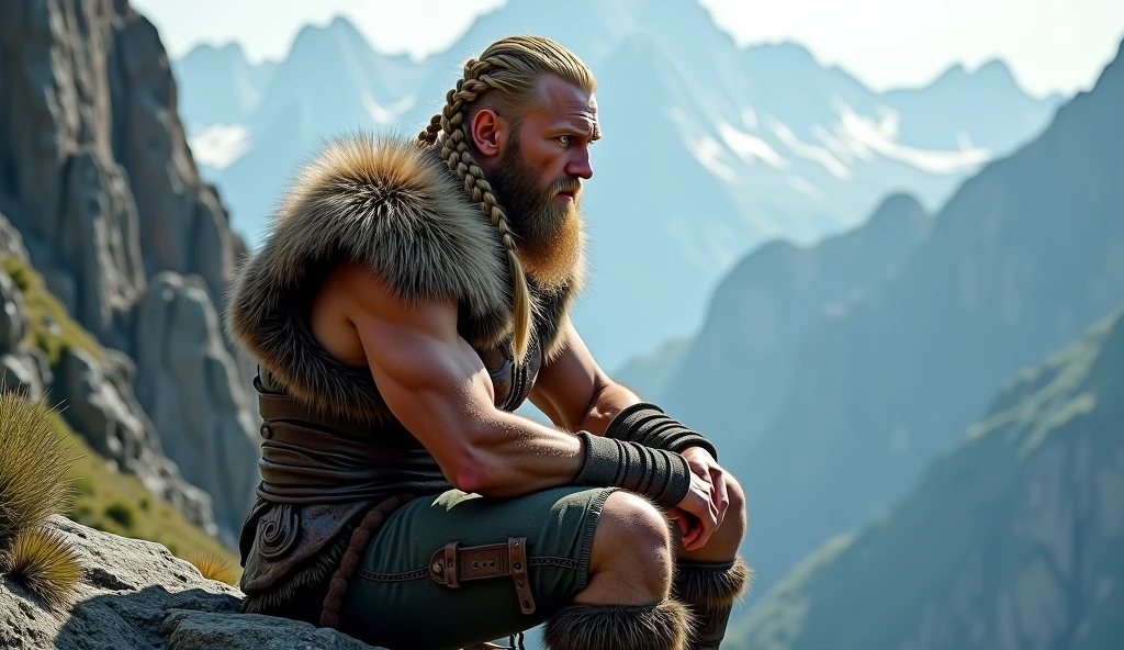 ((viking, handsome man, 35 years old, Whole body, silver hair, manly face, yellow beard, blue eyes, short hair, muscled body, pectoral display, chest hair.)) ((CLOTHES: Small and bulging thong, viking armor.)) ((Posture: sitting in a sexy way, seductive look, open legs, huge lump.)) ((scene: in a dark cave, in front of a bonfire.))