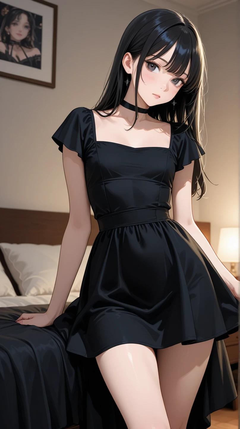 shift dresses，Uma personagem feminina ，pair，Stand at home，8K quality，The face is real，Bad laughs，Long black hair that reaches the waist，black hair, super, Surrealism, cowboy shot, from below, panorama, Verism, anime style, ray tracing, cinematic lighting, Canon, 8k, masterpiece, anatomically correct, maste,  correct, , textured skin, correct