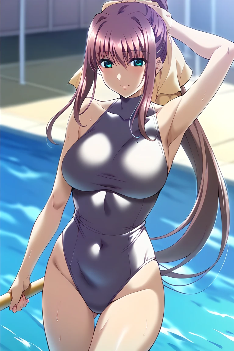 (masterpiece:1.4、top-quality、illustration:1.4,realistic、)、(character focus、breast focus,cowboy shot:1.3)、(1girl),(Open mouth happy smile:1.3),(half closed eyes),cute face,blue eyes、()、
,(stand:1.4),(Shining smile),
,(slender),(high neck halter swimsuit:1.3),(pink long hair:1.6,forehead:1.3),(single braid:1.3), (large breasts:1.3)、
、slender、pool,、