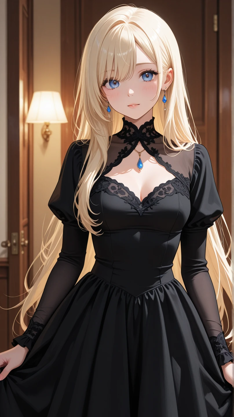 A young slender beautiful blonde aristocrat girl in an expensive luxurious mourning black closed dress stands in a luxurious living room and looks at the camera with a sad expression on her face, high resolution, masterpiece