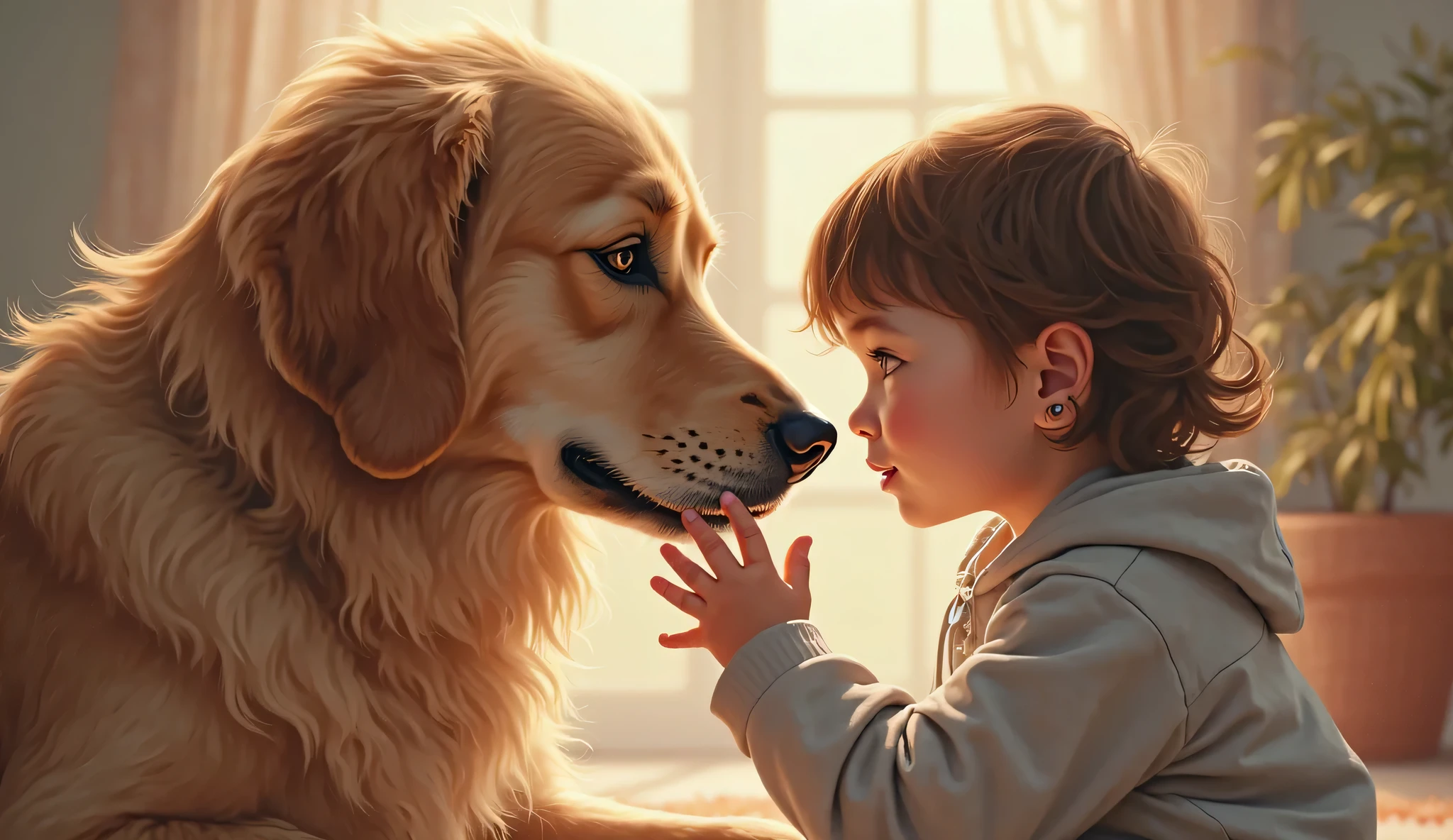 Create a color pencil sketch of a boy affectionately kissing a dog. The boy should be shown in a close-up, side profile, or slight angle, with his eyes closed or softly gazing at the dog, conveying a sense of love and care. The dog should be sitting calmly or held in the boy's arms, with its fur detailed and a content expression on its face. Emphasize the bond between them by focusing on the textures of the boy's hair, the dog's fur, and their tender expressions. Use a soft, natural color palette with gentle shading to highlight the warmth and connection in the scene. The background should be minimal to keep the focus on the boy and the dog