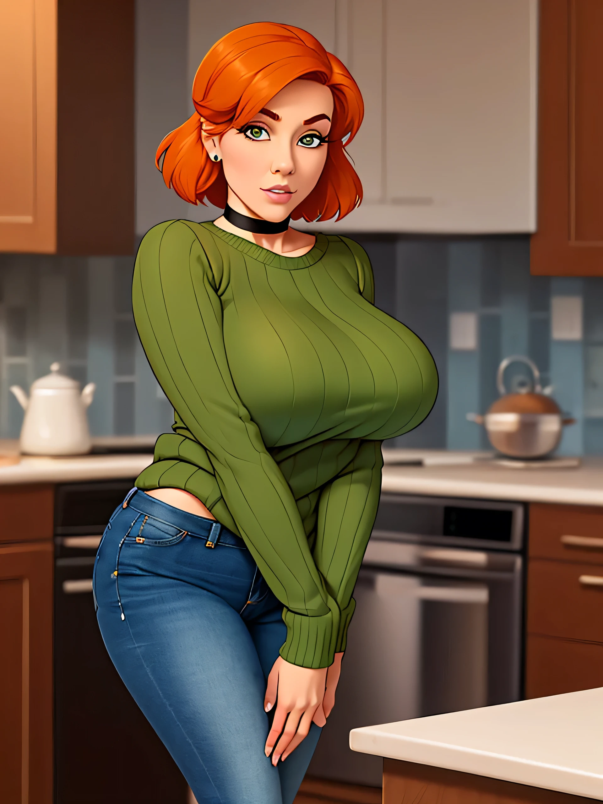Anastasia, (Anastasia:1.5), masterpiece cartoon, (masterpiece cartoon:1.3), detailed, realistic, (realistic:1.3), 1girl, solo, (solo:1.9), 30 years old, in a home kitchen, (in a home kitchen:1.5), orange hair, (orange hair:1.5), short hair, (short hair:1.5), wearing choker collar, (wearing choker collar:1.5), wearing green sweater, (wearing green sweater:1.5), wearing blue jeans, (wearing blue jeans:1.5), thin body, big breasts, (big breasts:1.5),