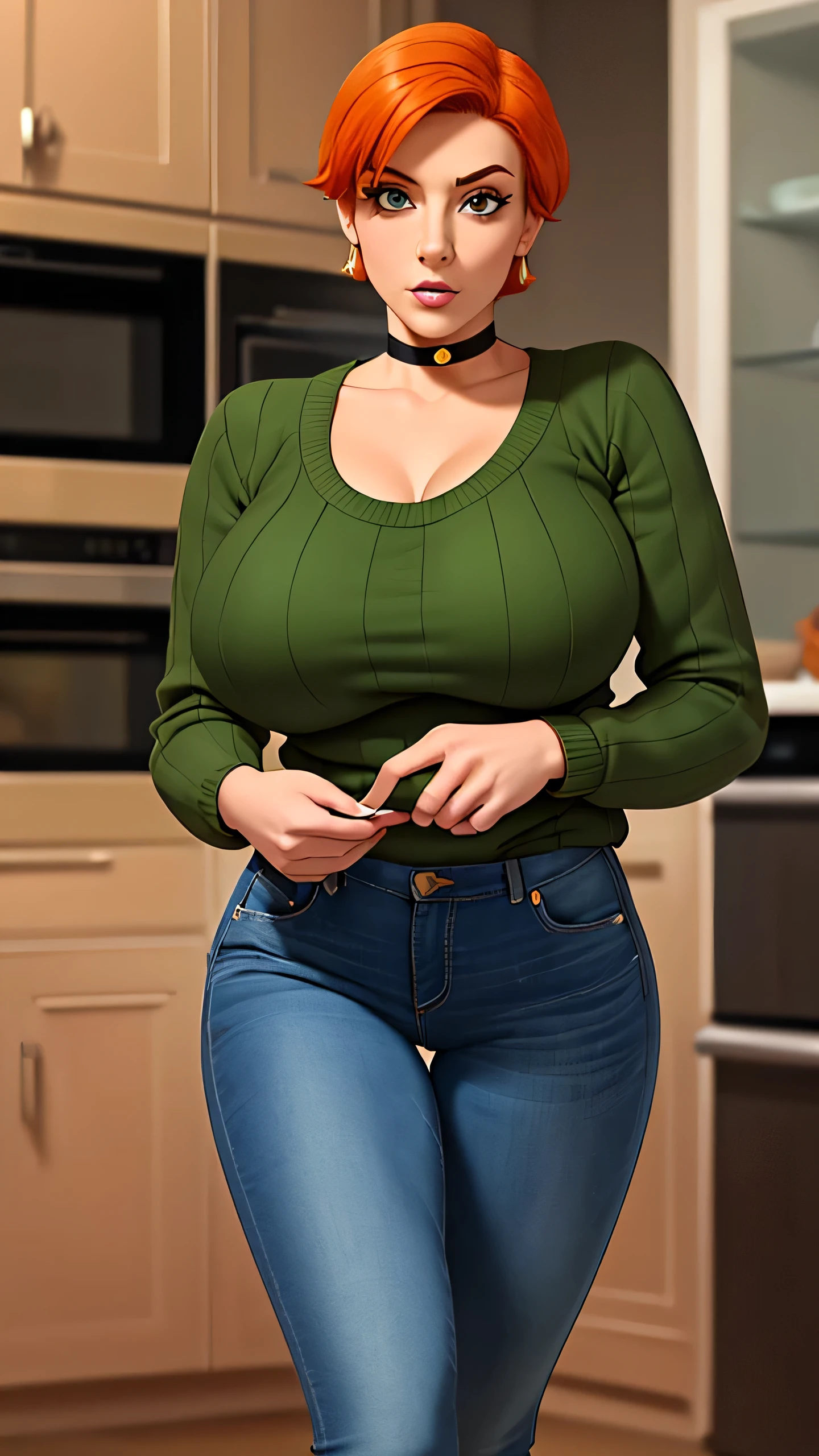 Anastasia, (Anastasia:1.5), masterpiece cartoon, (masterpiece cartoon:1.3), detailed, realistic, (realistic:1.3), 1girl, solo, (solo:1.9), 30 years old, in a home kitchen, (in a home kitchen:1.5), orange hair, (orange hair:1.5), short hair, (short hair:1.5), wearing choker collar, (wearing choker collar:1.5), wearing green sweater, (wearing green sweater:1.5), wearing blue jeans, (wearing blue jeans:1.5), thin body, big breasts, (big breasts:1.5),