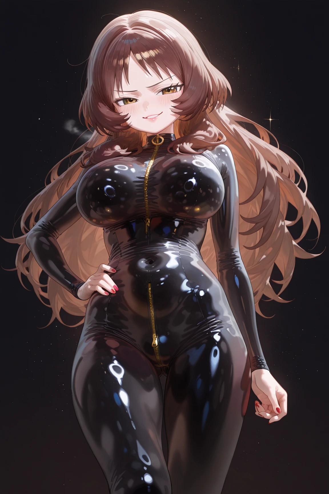 Brown hair, blue eyes, waifu, large chest, wearing latex suit, dominatrix, laughing sadistically