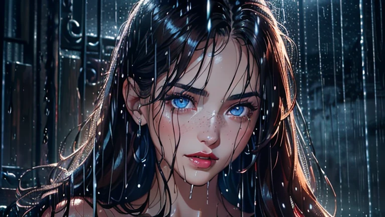 (Best quality, 4K, tmasterpiece :1.Beutiful women, 1 Sister, (, attractive body :1.2), Abs :1.1, dark brown hair: 1.1, (rainy wet, wet from rain, Soaked :1.2), The face very detailed, detailed lips, detailed eyes, double eyelid