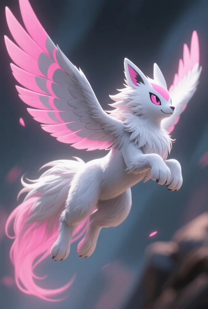 9 tailed fox in anime style with white fur, purple highlights and purple eyes