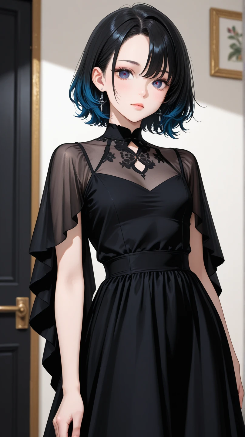 Hui Xiyi, Rekkyo Sensen, fantasy world, ruins, fort, beautiful sky, shining sky, sunshine, black choker, blue dress, blush, choker, collarbone, dress, frills, medium hair, short hair, long sleeves, pantyhose, swept bangs, white legwear, blue clothes, wool clothes, two side up,nun,monk clothes,monk,sister clothes,cross, off-shoulder sleeves, belts