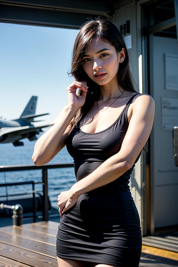 1girl, 30 years old, Square face, Long hair, Viewer's view, jewelry, Realistic, Sexy, bikini outfit, pilot outfit, airplane cockpit background, handcuffed, self-posing