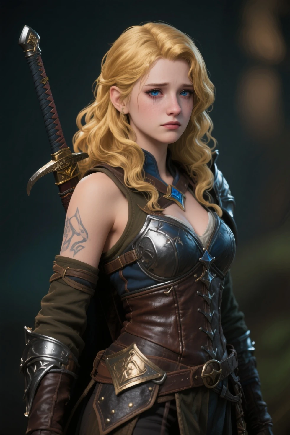21-year-old Germanic girl, blonde hair cascading down her back, her very detailed face showcasing a seductive smirk, her beautiful blue eyes filled with a certain allure. She is bending over, revealing her natural breasts, the cross-eyes in the painting adding an unusual yet intriguing twist to the overall scene. The artwork is created using NG_DeepNegative_V1_75T, displaying a wort's quality of 2. The image is a combination of paintings and sketches, with a low quality of 2, adding a rough and raw charm to the art. In some areas, the art shifts to a normal