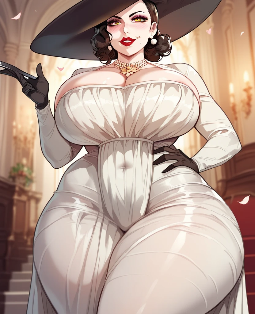 score_9,score_8_up,score_7_up, source_cartoon, source_furry, alcina dimitrescu from resident evil, indoors, she is fully naked, tall and curvy body, she is fucking a faceless male, cowgirl position sex, size difference, male is grabbing her thighs, grinning, they are on a bed, indoors