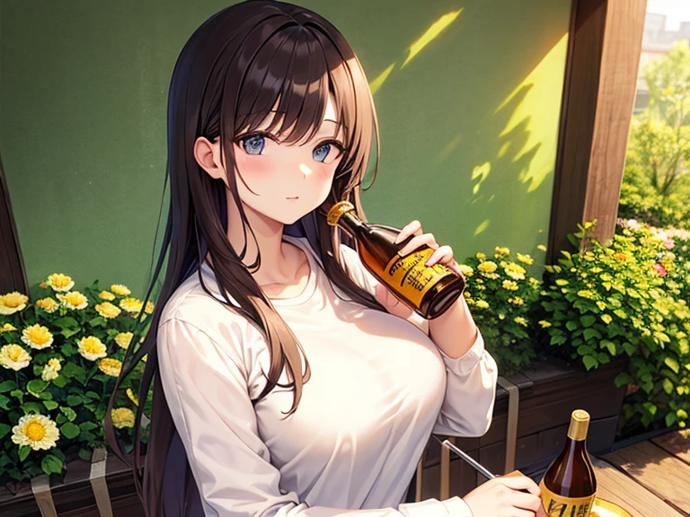breast, brown long hair, breast feed, Laughing with your mouth open, 白いノースリーブシャツ, short pants, city, holding a drink