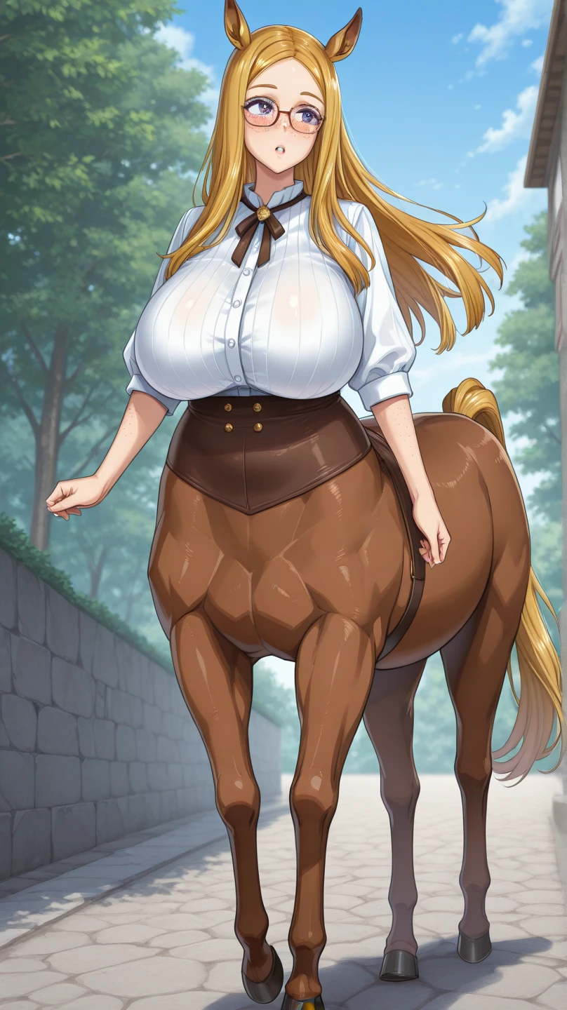 Big-breasted woman with a horse&#39;s head、((leather armor))、Steel Legginguscular Woman、Carrying a sword、アニメ風