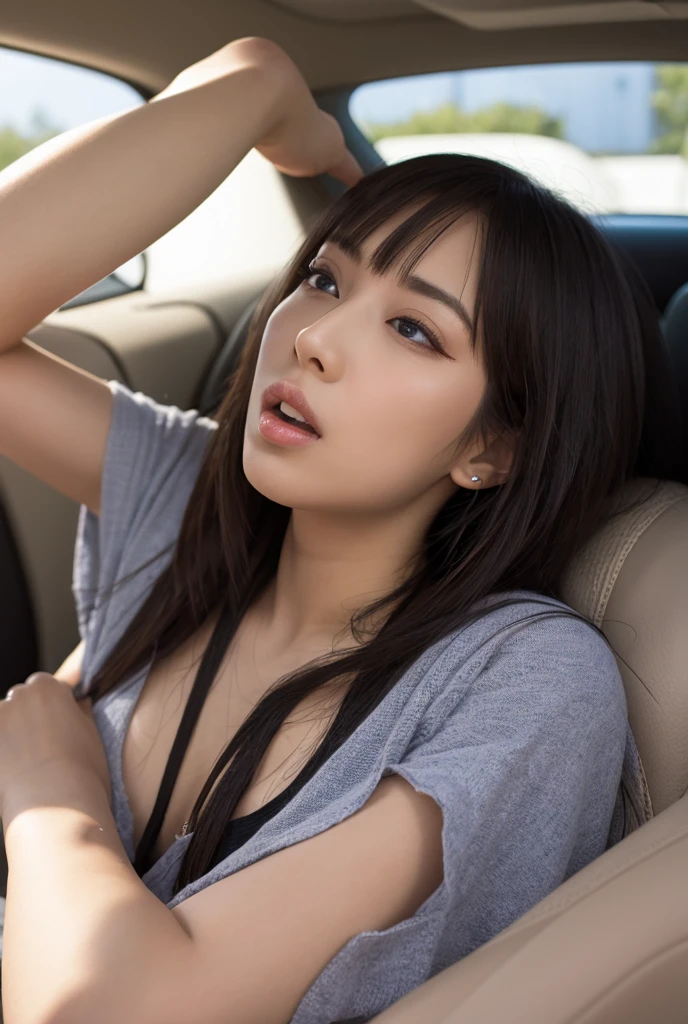 a 20 years old asian latina, girl, black hair, highly detailed face and beautiful clear green eyes, big natural , long hair, very seductive haughty eyes, luscious mouth, jaw line, in a car, whithout shoes, normal fresh outfit