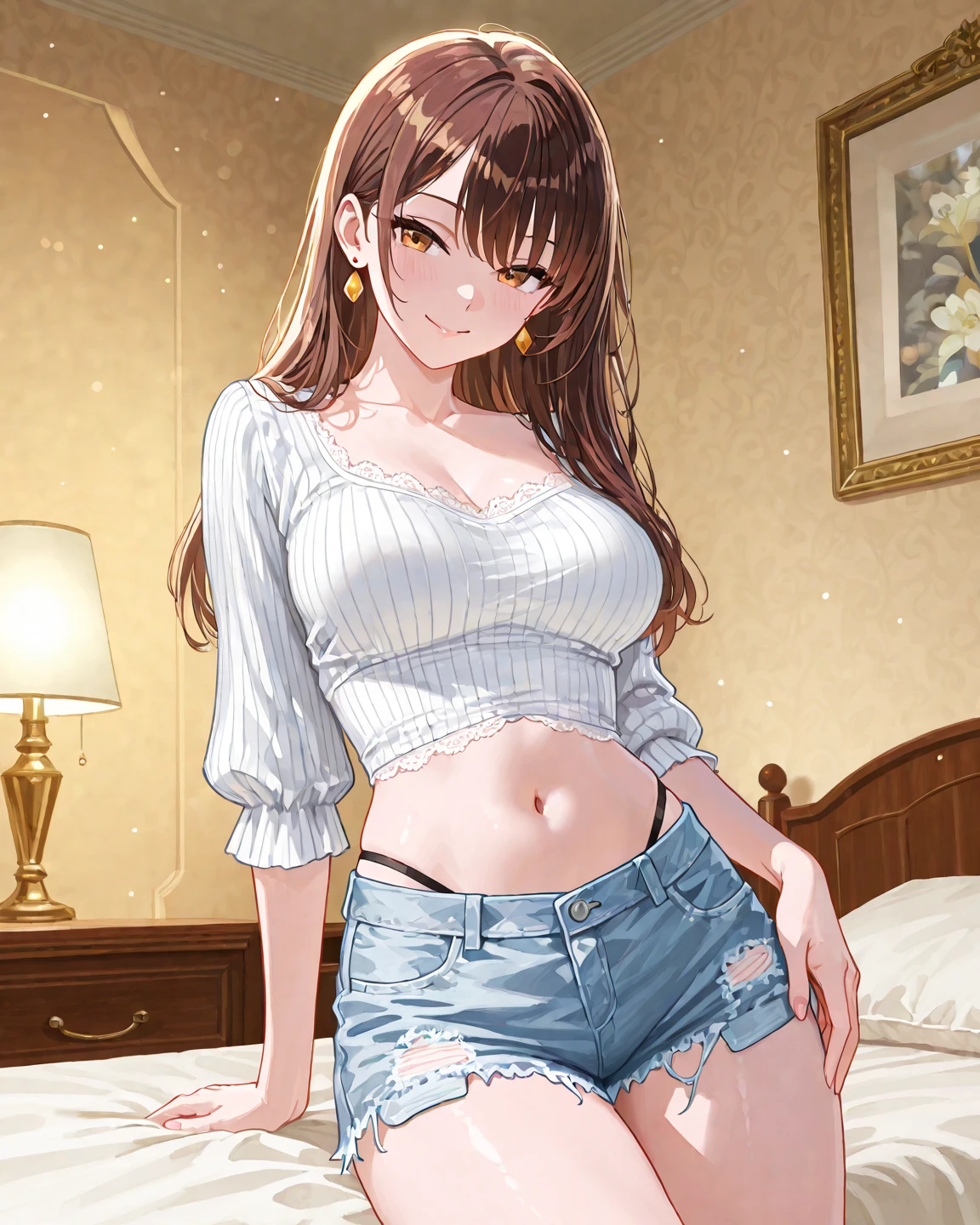 Asian woman in her early 50s sitting on the bed wearing a white shirt and denim shorts, smooth white tight clothing suit, gorgeous young korean woman, young and cute girl, beautiful young korean woman, V-chest open clothes, Surreal Sweet Bunny Girl, 2 4 year old female model, slim girl model photo, beautiful korean woman, korean girl, Genuine young gravure idol
