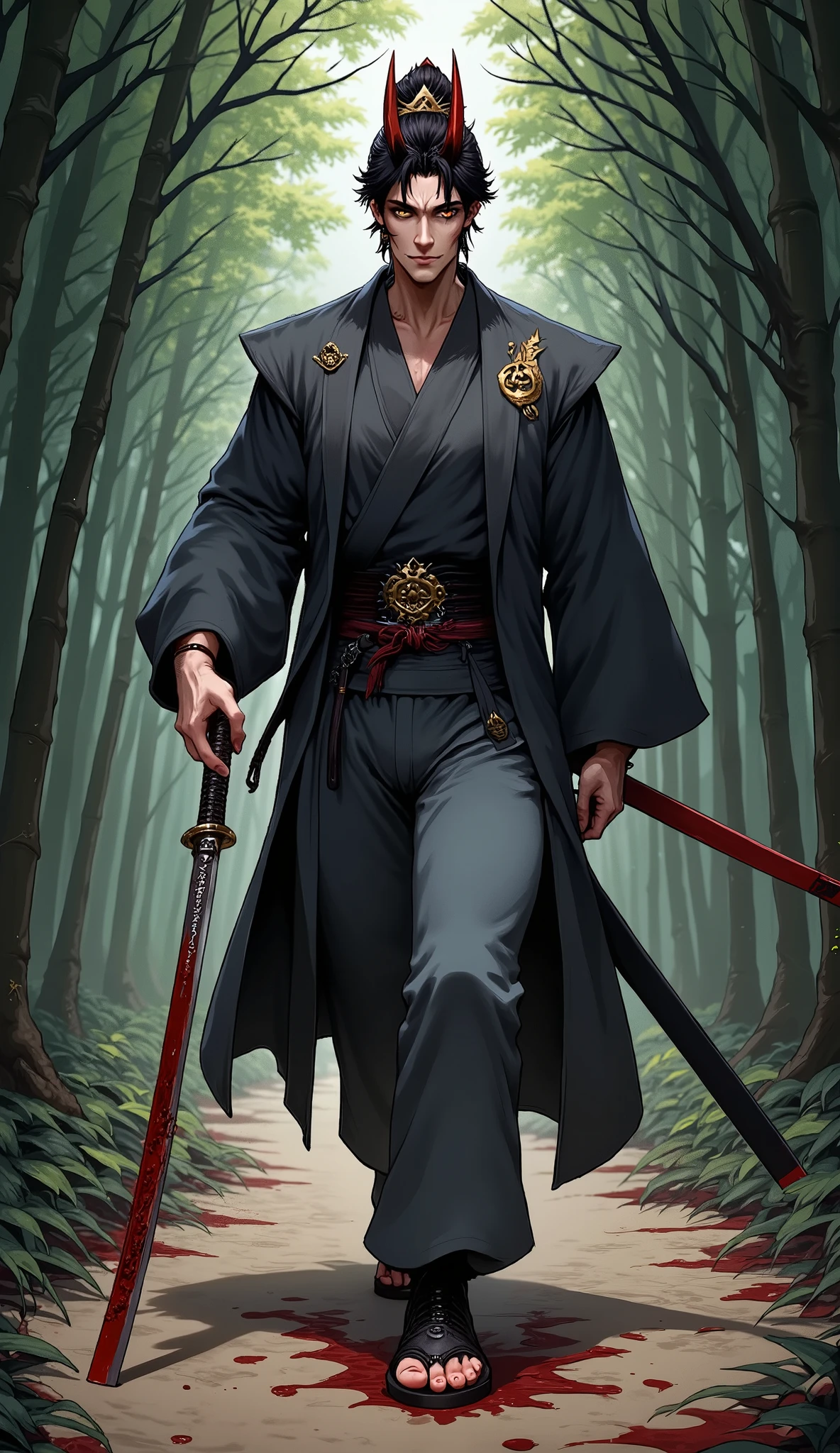 Samurai Jack x Dark-Ronin, (male), walking thru a horrific bamboo forest, horror theme, character hand lays on the handle grip of the great-katana, clean shave, perfect, masterpiece, 4k, grey outfit, full-body-view, realistic, facing the viewer, walking stance-pose, wielding a long bloody katana, blood drips from the katana, blood spots under the katana,