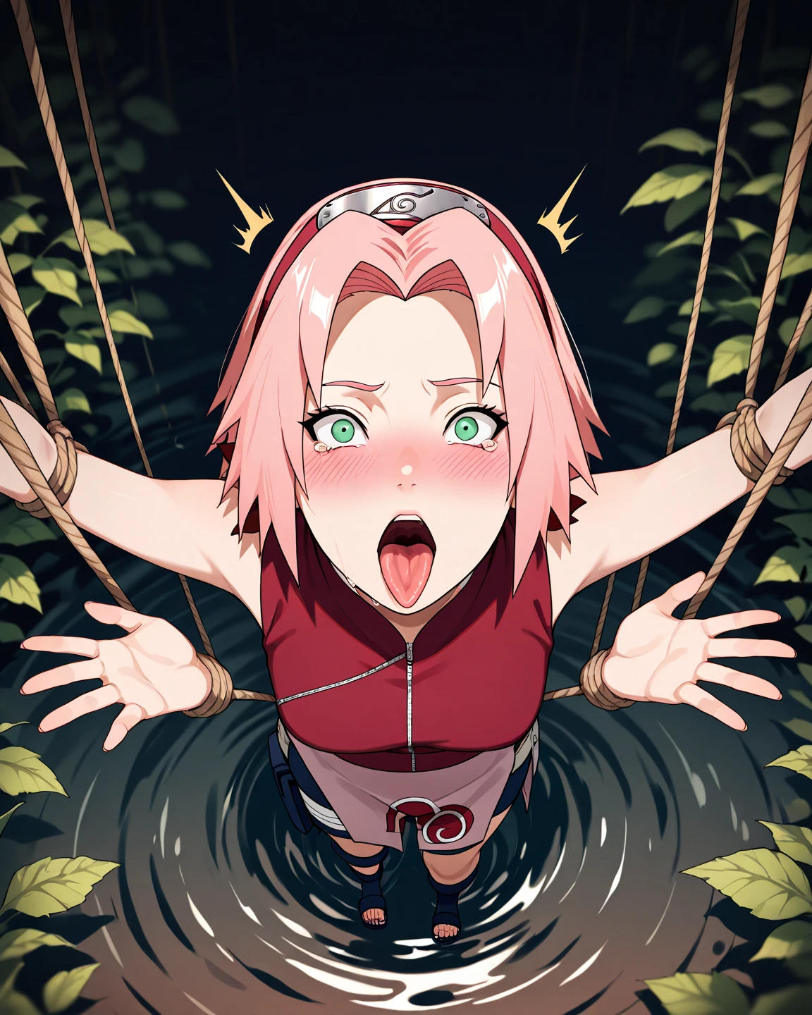 score_9, score_8_above, score_7_above, score_6_above, score_5_above, score_4_above, BREAK, fountain_cheered up,
1 girl, Sakura Haruno, pink hair, short hair, green eyes, sleeveless, Red shirt, forehead protector, nice legs, black gloves,
Pussy, bottomless, whole body, looking at the viewer, Alone, Konohagakure fonds, trespass, shy face, looking away, pee hot