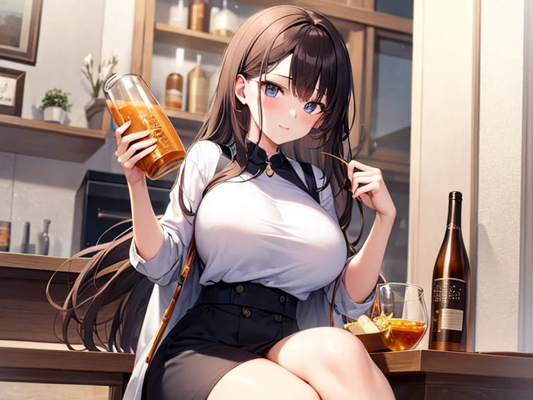 A woman wearing a red shirt with kanji writing on the shirt, black skirt, big breasts, sitting on a chair in a cafe, drinking a milkshake with a spoon, long black hair, red eyes, smiling, full body.HDR, ultra resolution, well defined, masterpiece, 8K HD. (solo woman)