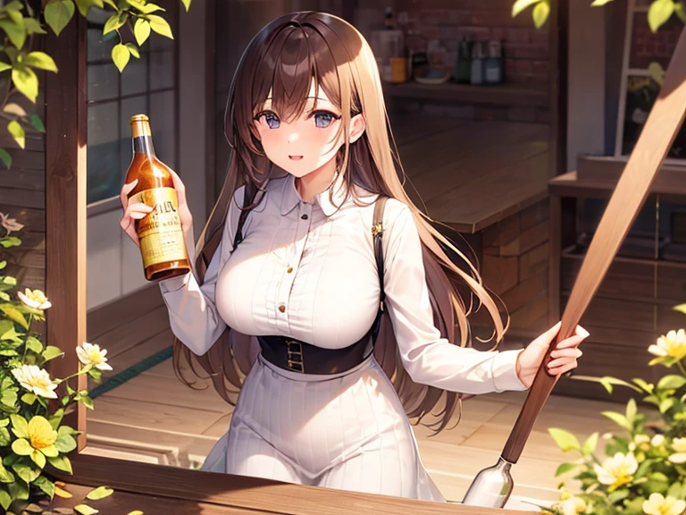 masterpiece, best quality, bewitching poses, full body wide angle, blush, woman holding beer glass,
silence suzuka \(umamusume\),green and white floral ao dai, festival,