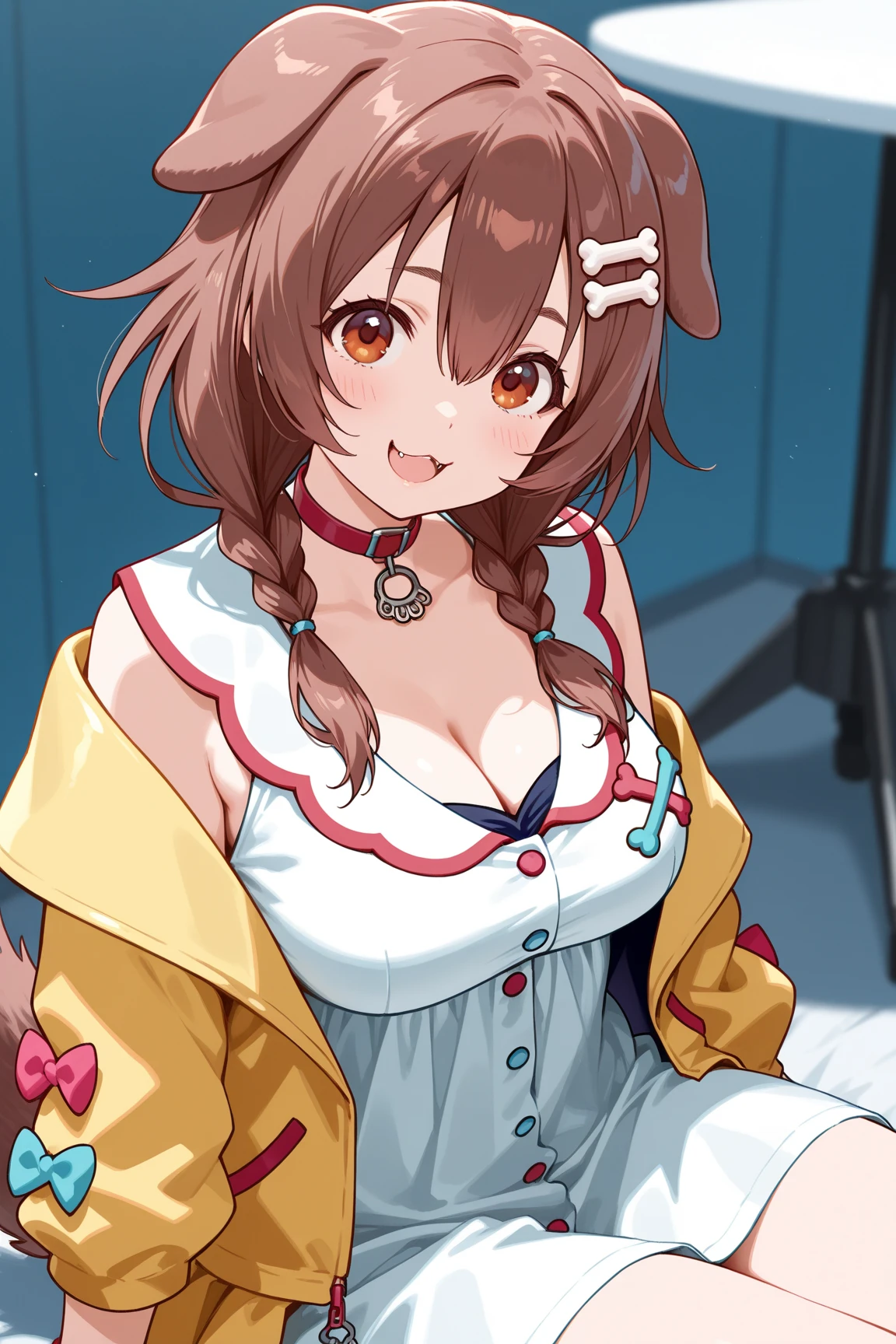 8k, RAW photos, top quality, masterpiece: 1.2), (High Quality), ray tracing, HDR, (High Details), (Face detail), (Shadow Detail), (amplected), stylized blush, 3d, 3d render, 1girl, solo, masterpiece, best quality, high quality, highres, 4K, perfect anatomy, rendered eyes, lip gloss, makeup, woman, detailed, cleavage, thick thighs, 1girl, solo, seductive eyes, masterpiece, best quality, high quality, highres, 4K, Korone, Yellow Jacket, White Dress