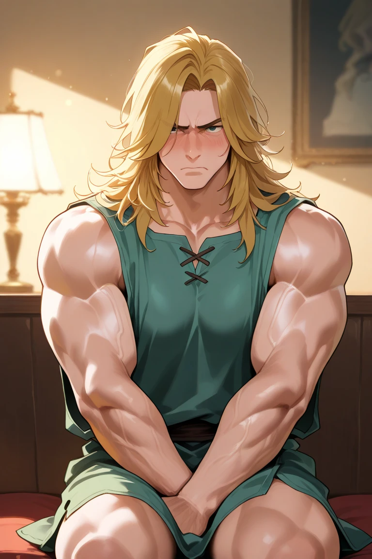 A western handsome male with dirty blonde fluffy layered medium length hair with curled ends, soft pale grey-blue eyes, small tusks, Androgynous, fairly muscular and chubby, muscular chest, covered in many freckles, dark blue tanktop with off shoulder elbow sweater, black jeans,