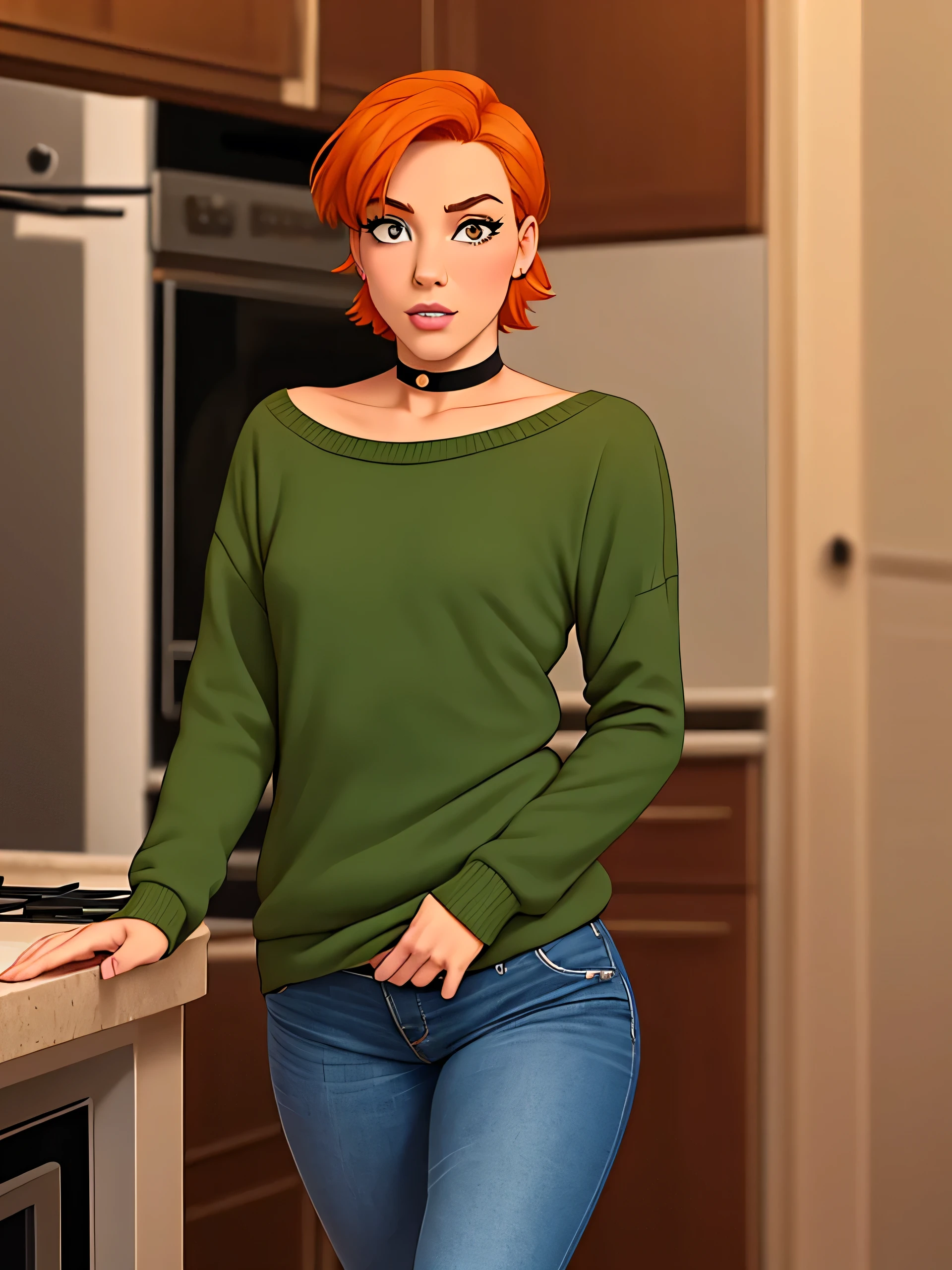 Anastasia, (Anastasia:1.5), masterpiece cartoon, (masterpiece cartoon:1.3), detailed, realistic, (realistic:1.3), 1girl, solo, (solo:1.9), 30 years old, in a home kitchen, (in a home kitchen:1.5), orange hair, (orange hair:1.5), short hair, (short hair:1.5), wearing choker collar, (wearing choker collar:1.5), wearing green sweater, (wearing green sweater:1.5), wearing blue jeans, (wearing blue jeans:1.5), thin body, small breasts, (small breasts:1.5), 