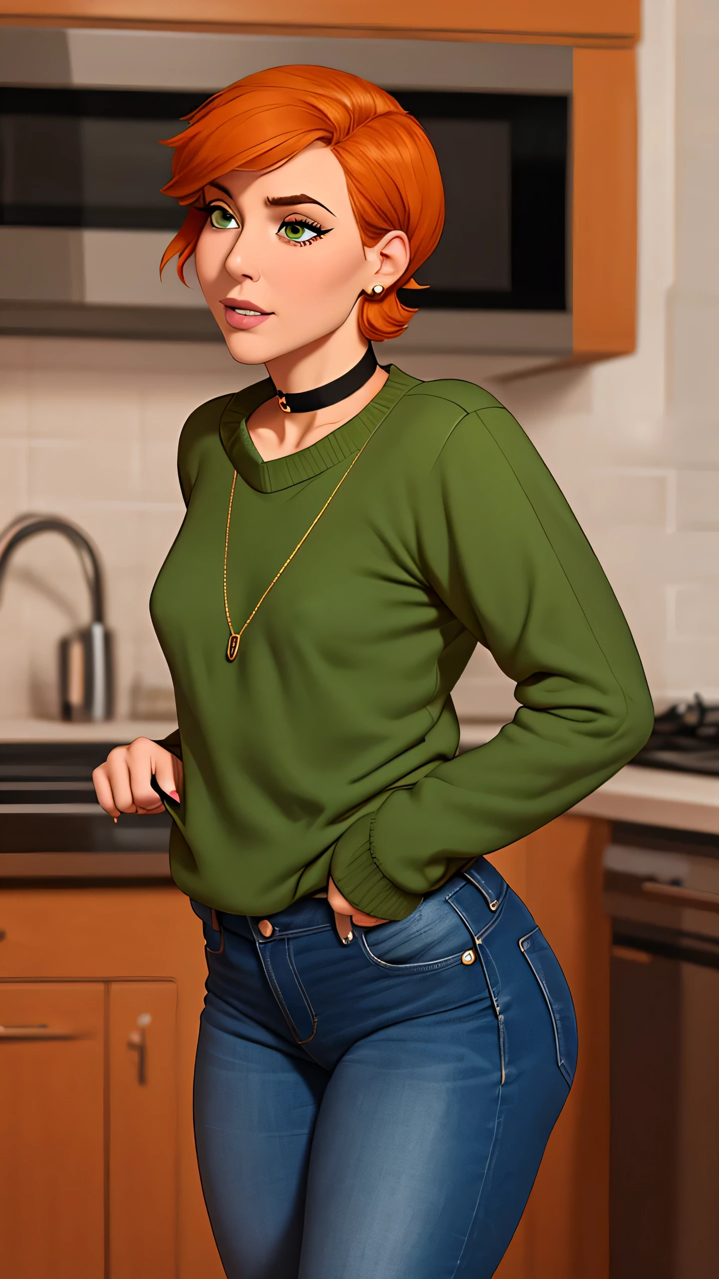 Anastasia, (Anastasia:1.5), masterpiece cartoon, (masterpiece cartoon:1.3), detailed, realistic, (realistic:1.3), 1girl, solo, (solo:1.9), 30 years old, in a home kitchen, (in a home kitchen:1.5), orange hair, (orange hair:1.5), short hair, (short hair:1.5), wearing choker collar, (wearing choker collar:1.5), wearing green sweater, (wearing green sweater:1.5), wearing blue jeans, (wearing blue jeans:1.5), thin body, small breasts, (small breasts:1.5),