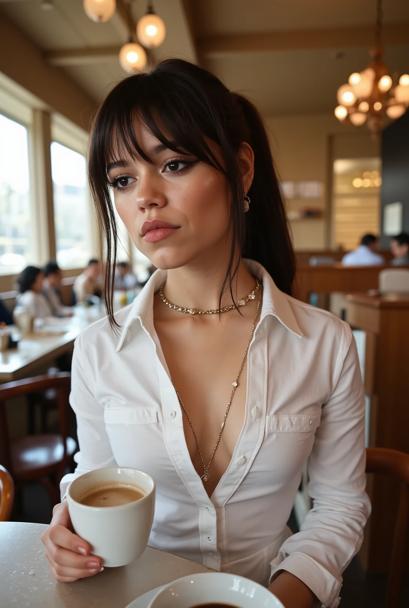 Jenna Ortega, big breasts, (In perspective) A beautiful sexy brunette woman , perfect 23-year-old desk , Straight hair with a ponytail , oily and silky white skin (humid) full lips, (photorealist:photorealist, 8K), Big breasts dressed in a tight white shirt (highlighted on the breasts), sitting at a restaurant table holding a cup of coffee (series: realista, environment with intricate details), with a sensual feature on her face : (texture and environment professional photography perfect pure lighting).