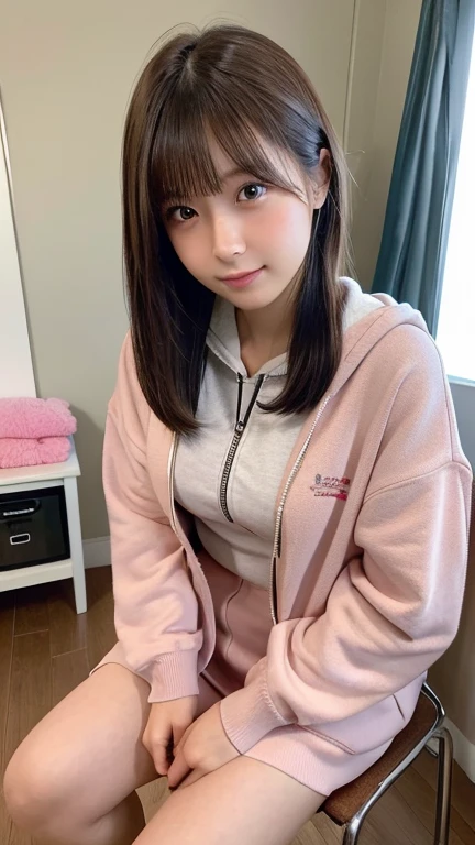 deux femmes brunette ensemble de 18 ans sexy et mince , pink short sleeve hoodie , salle de classe, se touche,position sey,sensuel