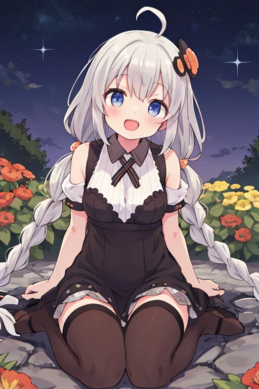 (((m legs:1.6))),1girl,red eyes,virtual youtuber,sleeves past wrists,puffy long sleeves,long sleeves,long hair,solo,pointy ears,smile,:d,shoes,very long hair,puffy sleeves,asymmetrical legwear,pantyhose,bangs,open mouth,full body,white dress,looking at viewer,dress,blush,frills,mismatched legwear,multicolored hair,twintails,black ribbon,ribbon,hair ribbon,shirt,bow,crown,white hair,mini crown,pink hair,single leg pantyhose,white shirt,single thighhigh,<lora:Youzi5-000025:0.9>,grass,horizon,sunset,mountain,sky,light ray,floral background,<lora:baicai:0.8>,