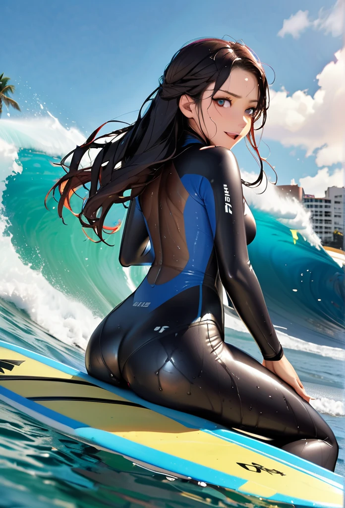 1 girl, (long hair, asymmetrical bangs, dark brown eyes), beautiful face details, beautiful eyes, long eyelashes, soft lips, smile, (Reflecting the buttocks:1.7), city, (wet suits:1.7), open mouth, (See-through), (surfing,
surf board:1.5), (black long hair:1.3), blush, surprised face, (turn around and look back:1.5), (wet with sweat:1.5)