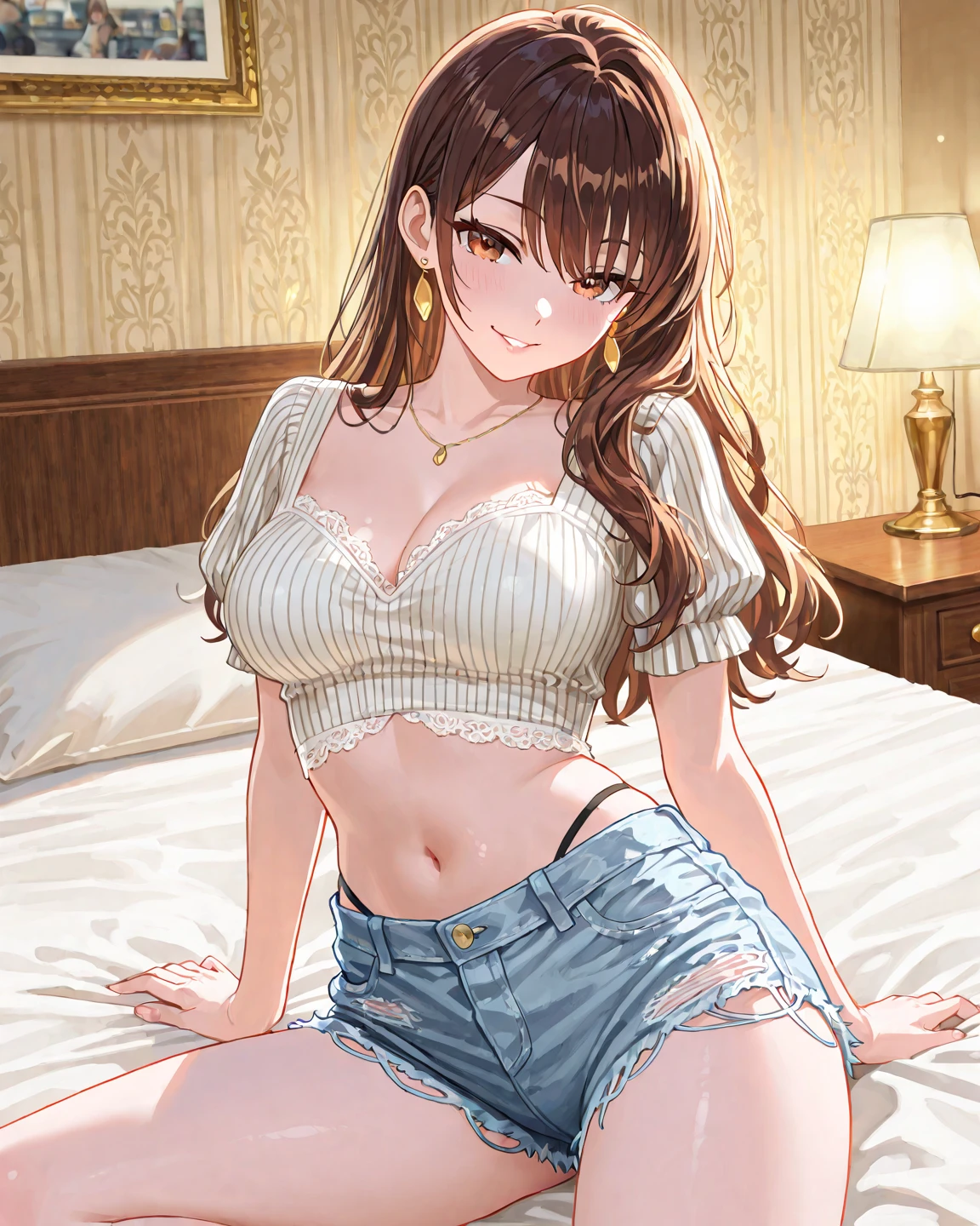Full Body Angle、((highest quality, 8K, masterpiece: 1.3)), concentrated: 1.2, Cute girl 1,Nipples erect、No bra、 bare breasts Perfect beauty: 1.4,pajamas: 1.2,Long sleeve、randal color、comics&Text Graphics、Black ruffle-trimmed drawstring zip blouse,1.1, Highly detailed face and skin textures, Fine grain, double eyelid, whitening skin, ,highest quality,Ultra-high resolution,you,1 girl,alone,_Shiny_skin,Iris,necklace,((Brown_length_Wavy_hair)),(lips)),eyelash,Front hair,deal with,compensate,Shiny,pore,skin texture,Large Breasts、smiling face、living、