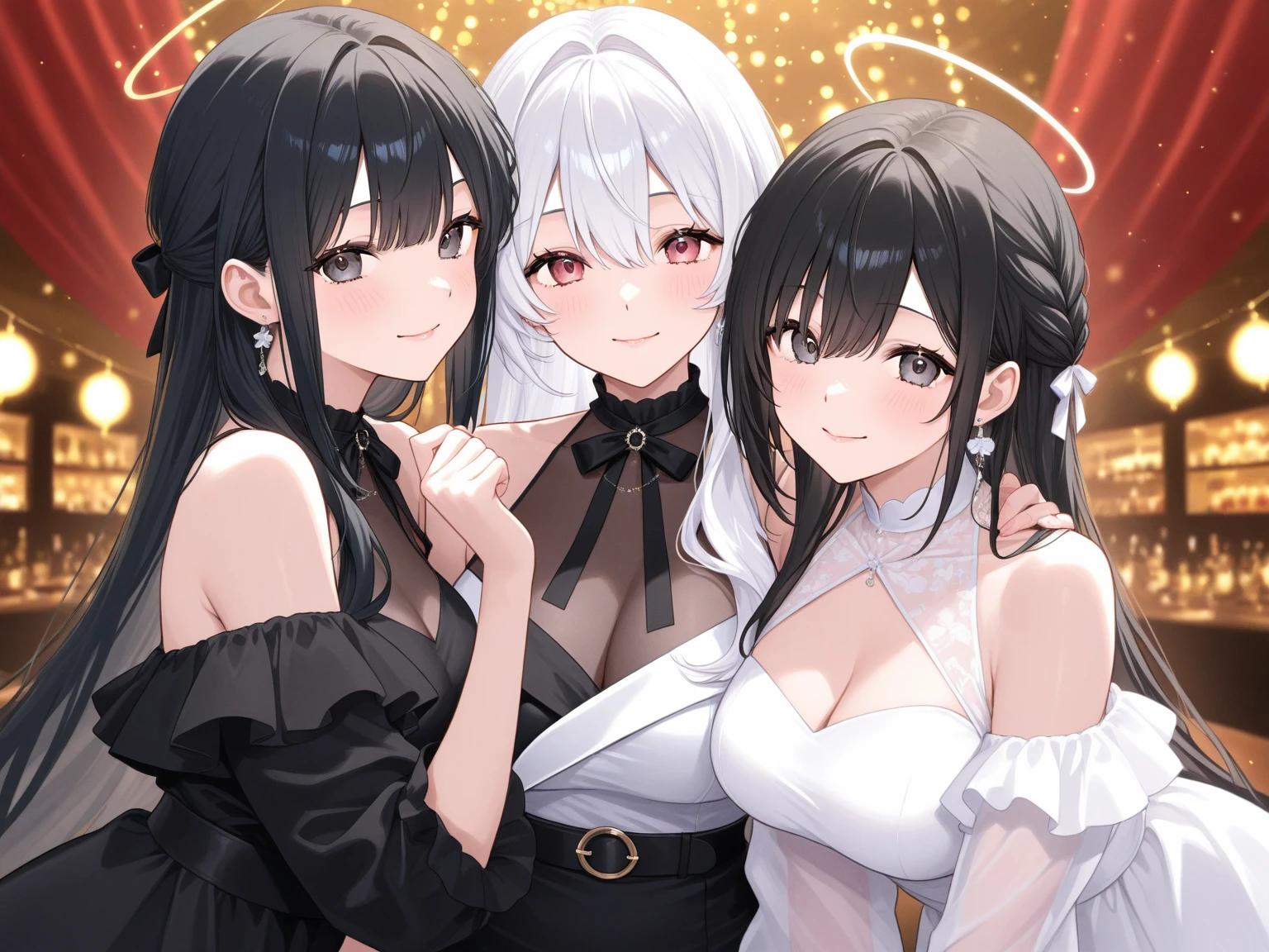 9 girls,different hair colours,withe dress,Mature female,Royal sister,Rich and noble families,Time is at night,In the living room of the villa,looks at the viewer,distance view,exquisite facial features,Clear facial expressions,Anime moe art style,digital anime art,High quality anime art style,Smooth anime CG art,It was dark,There is moonshine,There are lights in the living room,Happy, fang out