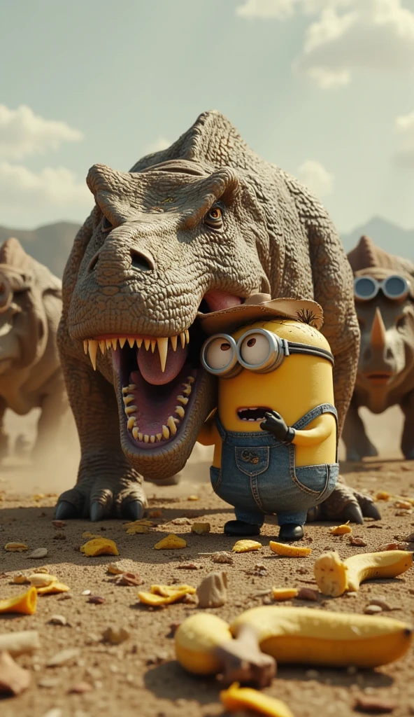 16K ultra-photorealistic masterpiece inspired by 'Despicable Me': a hilariously detailed Minion cowboy (with realistic stubble, textured denim overalls, and lifelike skin pores) clings desperately to an anatomically perfect T-Rex (individual saliva strands, muscle twitches, and panic in its eyes) as a stampede of Triceratops wearing signature Minion goggles (with scratched horns and Gru logo tattoos) charges through a dust-filled prairie littered with crushed bananas and hyper-detailed tumbleweeds - a perfect blend of absurd humor and jaw-dropping scientific realism that brings the Minions universe to life with unprecedented detail.