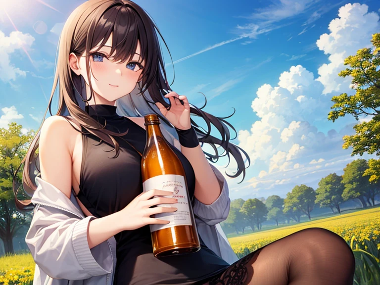 masterpiece, best quality, very aesthetic, absurdres, newest, 1girl, solo, asymmetrical bangs, tareme, young adult, long hair, looking at viewer, blush, brown hair, shirt, hair ornament, holding, brown eyes, closed mouth, upper body, ponytail, short sleeves, sidelocks, outdoors, promenade sky, day, looking back, from behind, tree, black shirt, scrunchie, bottle, t-shirt, hair scrunchie, holding bottle