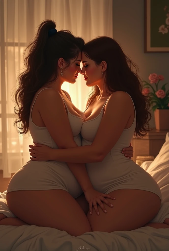 ((2girls)) Soothing scene of a bedroom in the evening of a hot summer. A large bed is at the center of the scene. The last rays of a sunset fall through the window and bathe the room in warm, muted tones. Long, soft shadows herald the beginning of night. Dust shimmers through the air. Natural lighting, soft dark shadows. Masterpiece, photorealistic and highly detailed meloncholy scene. The voluptuous woman Hana Haruna in a coral transparent sfw bathrobe and negligee stands at the window and looks out to admire the sunset, seen from the side. The sunrays emphasizes her soft curvy shape. Her skin is shiny and glossy, slightly wet from sweating. 