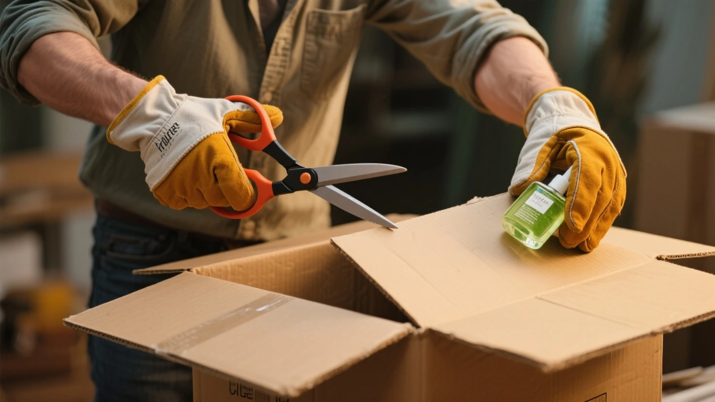 Cutting the box tape on a closed simple recycling box with small knife. The overall style of the image should be surrealism, with dream-like colors and distorted details. The image should have a 4k resolution and be of the highest quality, capturing every precise detail.