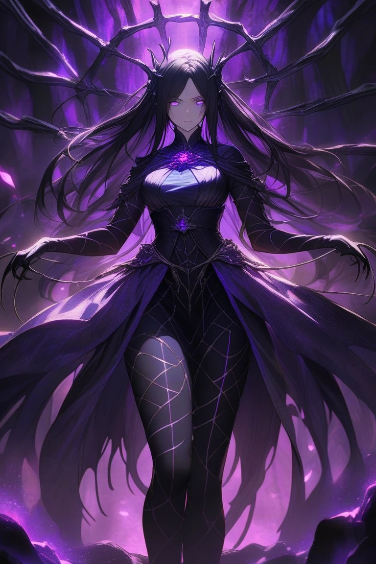 Woman, long dark purple hair, red eyes with a bright light, black long dress, witch, silver jewelry in the shape of ribs, metal mask on half of the face, snake tattoo, dark background, black lipstick
