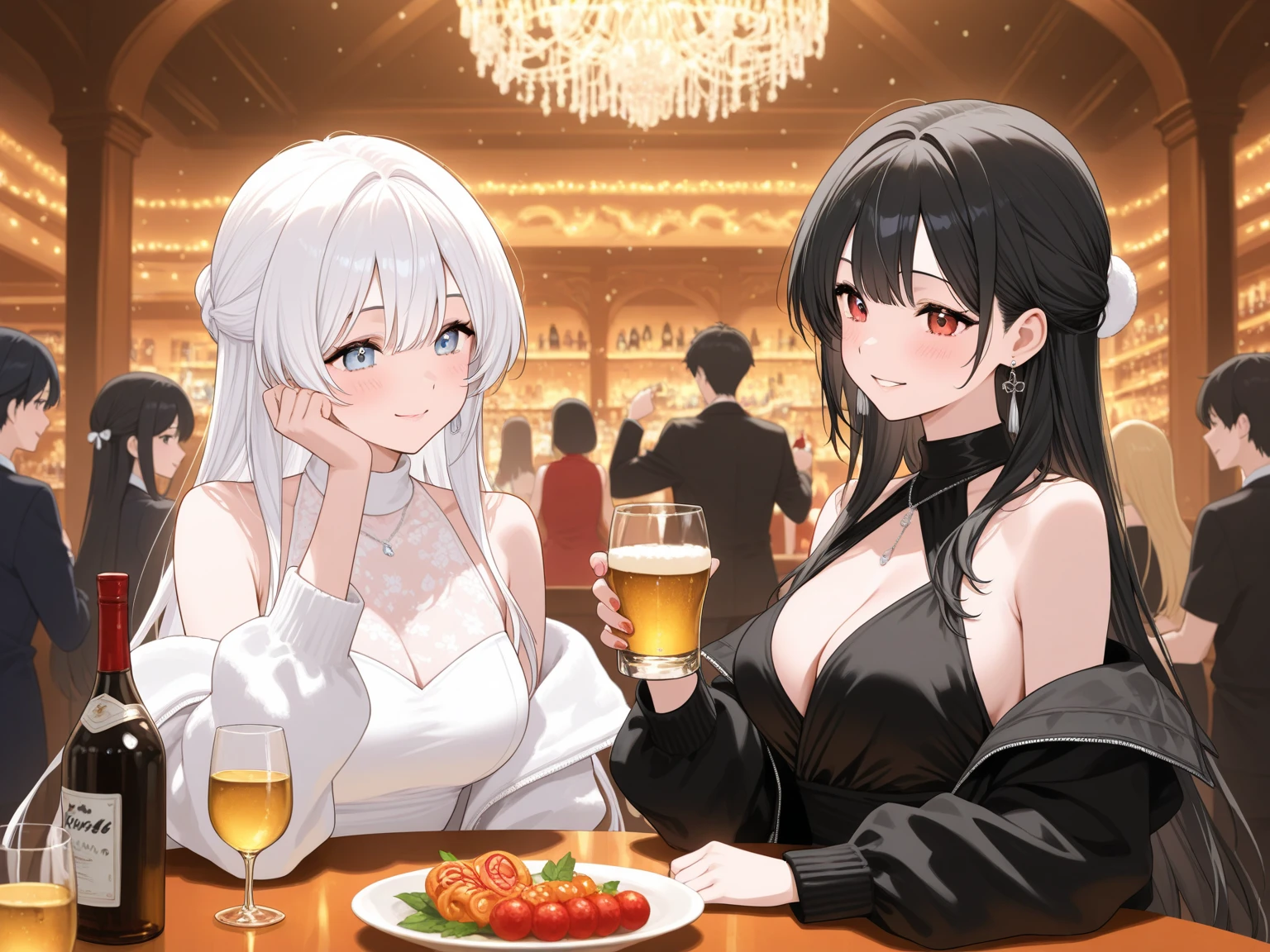 Female duo,Light clothing,Unbuttoned,Midnight,Adult atmosphere,Seaside restaurant