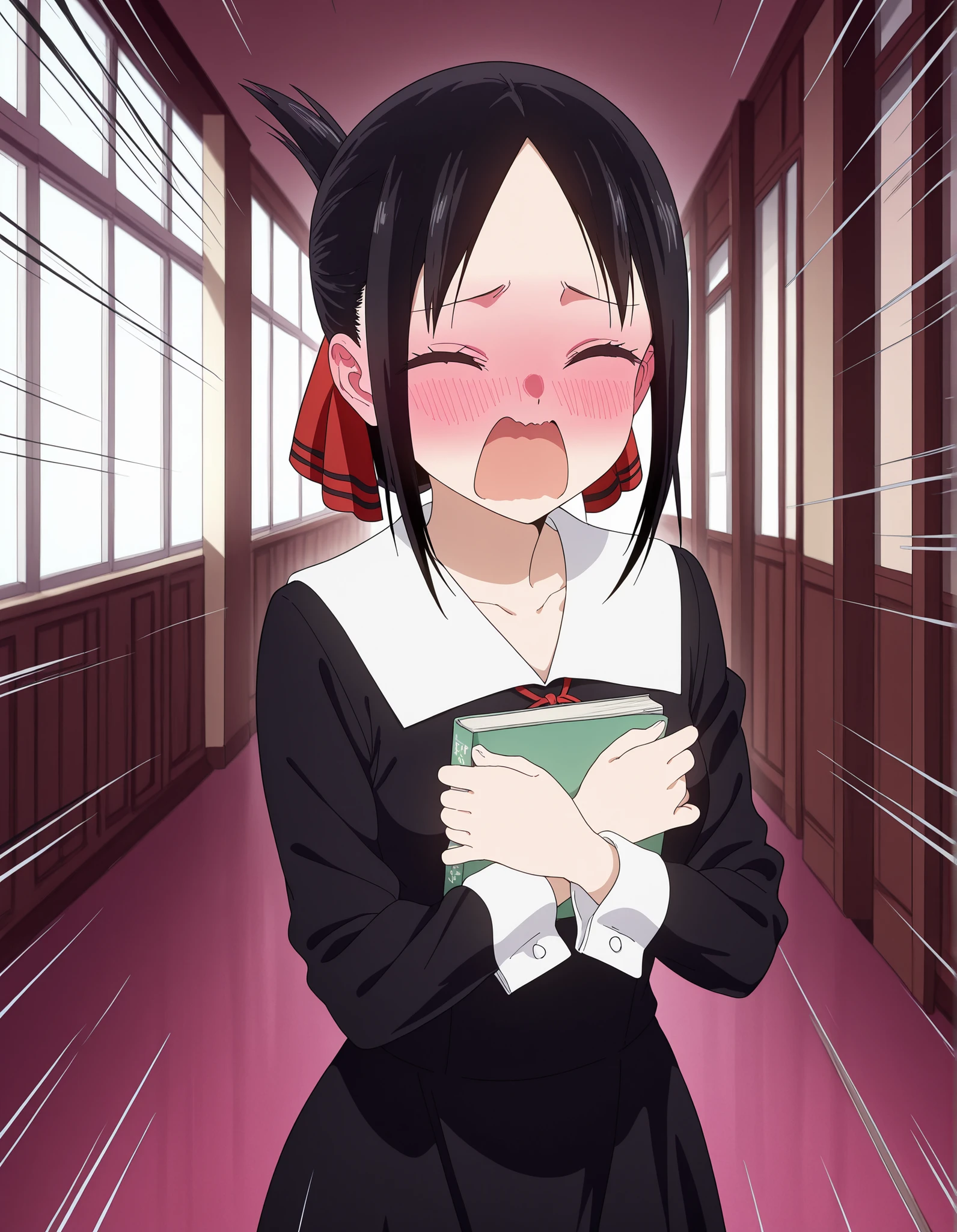 masterpiece, best quality, amazing quality,, kaguya shinomiya, short hair, bangs, black hair, red eyes, hair ribbon, sidelocks, folded ponytail, parted bangs, mature female, small breasts, anime screencap, long sleeves, dress, ribbon, school uniform, collarbone, black dress, sailor collar, white sailor collar, red ribbon, neck ribbon, shuuchiin academy school uniform, interior, school uniform, solo, cowboy shot, solo, hallway, holding books, windows, studients in the back, looking at viewer, ((ashamed)), ((blushing)), ((eyes closed)), ((yelling)), (((!))), (movement lines)