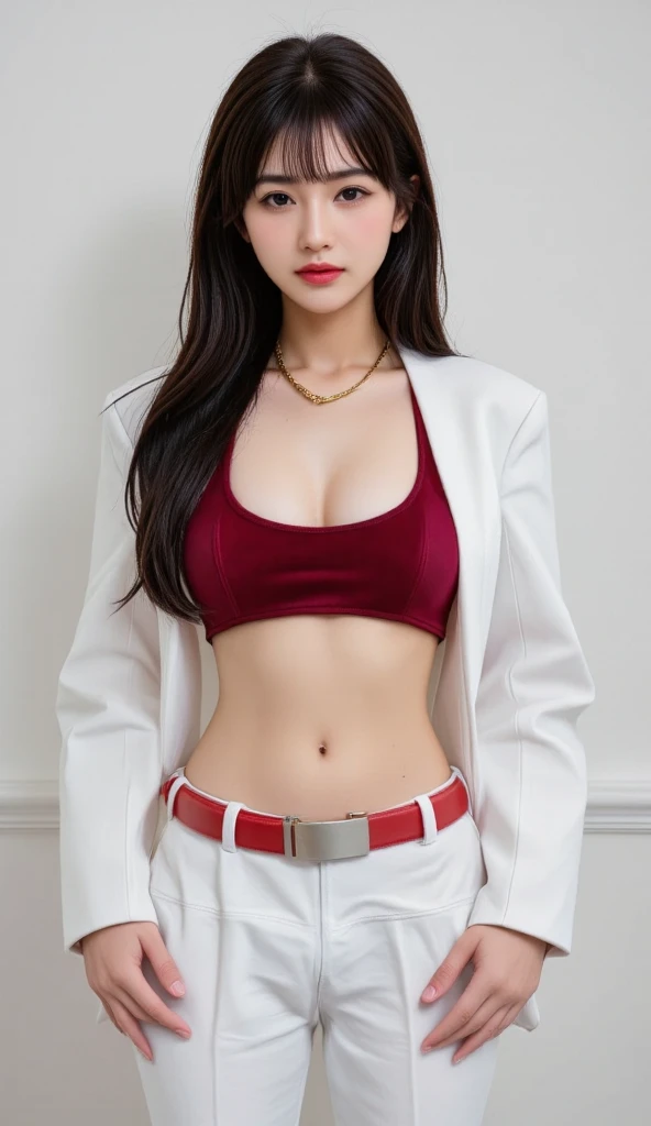 "Top CG, highest quality, masterpiece, delicate and delicate beautiful girl, ((185cm big beauty)), (tall figure), royal sister, queen temperament, fair skin, exposed chest, long legs, perfect facial features, bright eyes, red lips, beautiful and cold, ((big breasts)), beautiful and handsome, black hair, sparkling, see-through visible skin, {{girl in white tights}}, super detailed, (with blue and red stripes on clothes)), delicate glowing eyes, Crop top, white leather coat, tight leather coat, 4K quality, urban beauty, modern urban, realistic portrait,ULTRA HUGE BREASTS: 1.2, ((BIG BREASTS: 1.2),show boobs