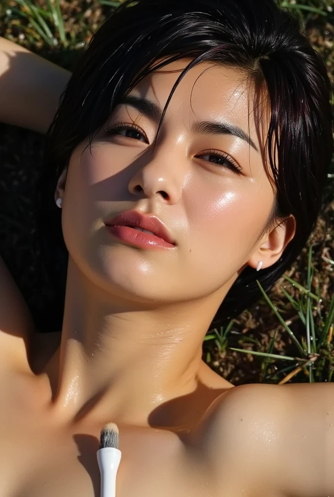 {top-quality}, {{masterpiece}}, {extremely delicate and beautiful},Outstanding light and shadow, highly detailed wallpaper,Clear and bright sunlight,1girl、gaze looking beyond,red blush,Strong sunshine,delicate and messy hair,realistic skin textures, Pronounced pores and skin wrinkles,tropical rainforest,((strong light shines on the face)), full body, naked portrait, nude photography, armpit, shiny nipple