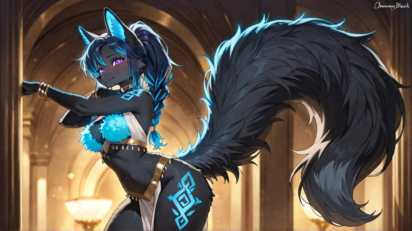 Fox girl 18 years old dark blue fur with water, naked, tribal with feather decorations, normal bust, defined curves, golden bracelets, gold thigh rings, crystal in the head, mystical espscial background, gives off an aura of energy, Cum in pussy, doggy style, pov back posdr add_detail:1