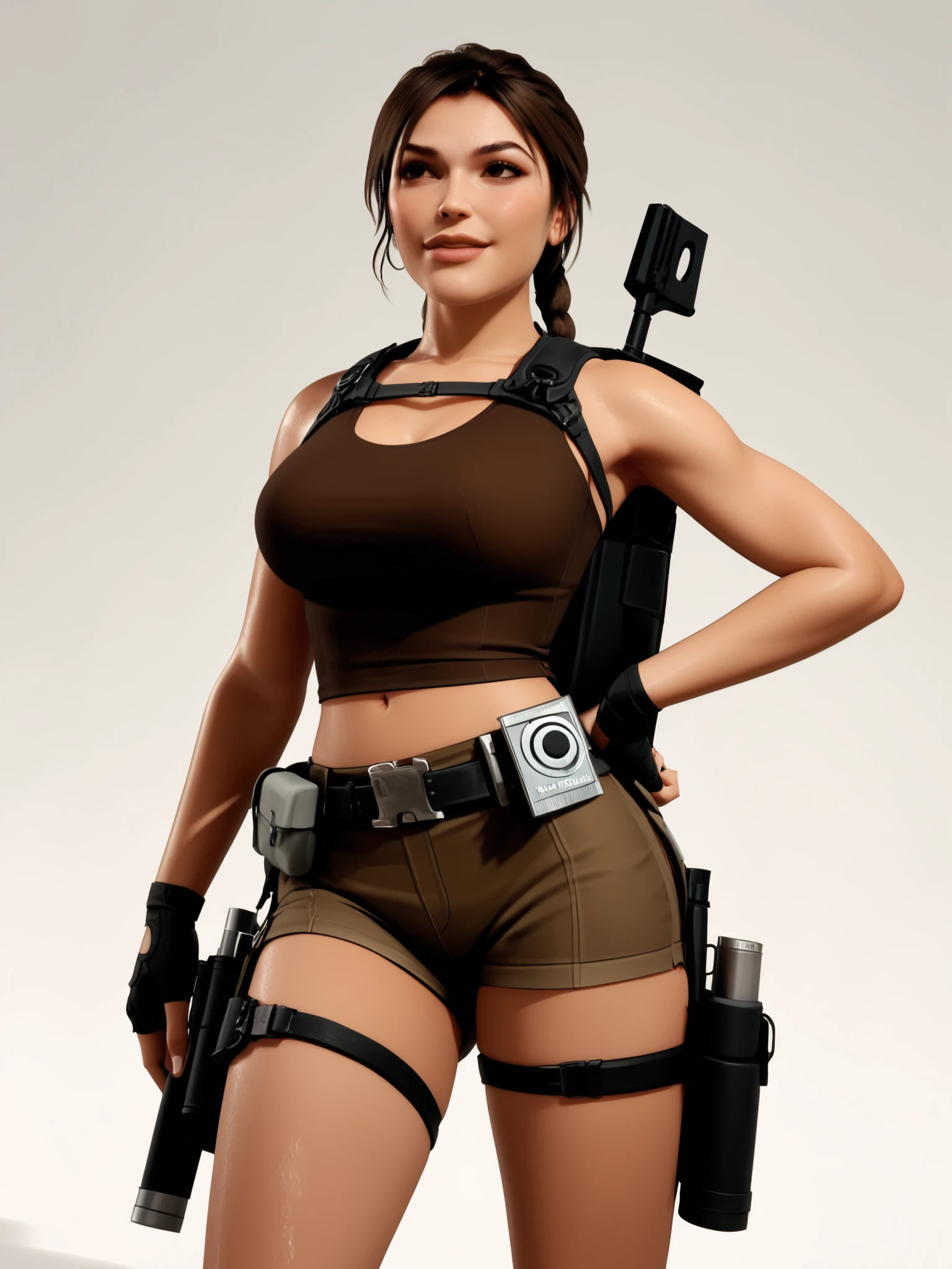 Upper-body (illustration) of a heroic, athletic adventurer (Lara Croft) wearing a ((very low-cut)) brown crop top, ((dark brown)) tactical shorts, two black thigh-mounted holsters, black fingerless gloves, black utility belt and her tiny brown backpack; long braided chestnut hair, [toned body], making a (dynamic sensual pose) with a [flirty little smile]. Highly detailed and stylized digital illustration, light blue pastel neutral background.