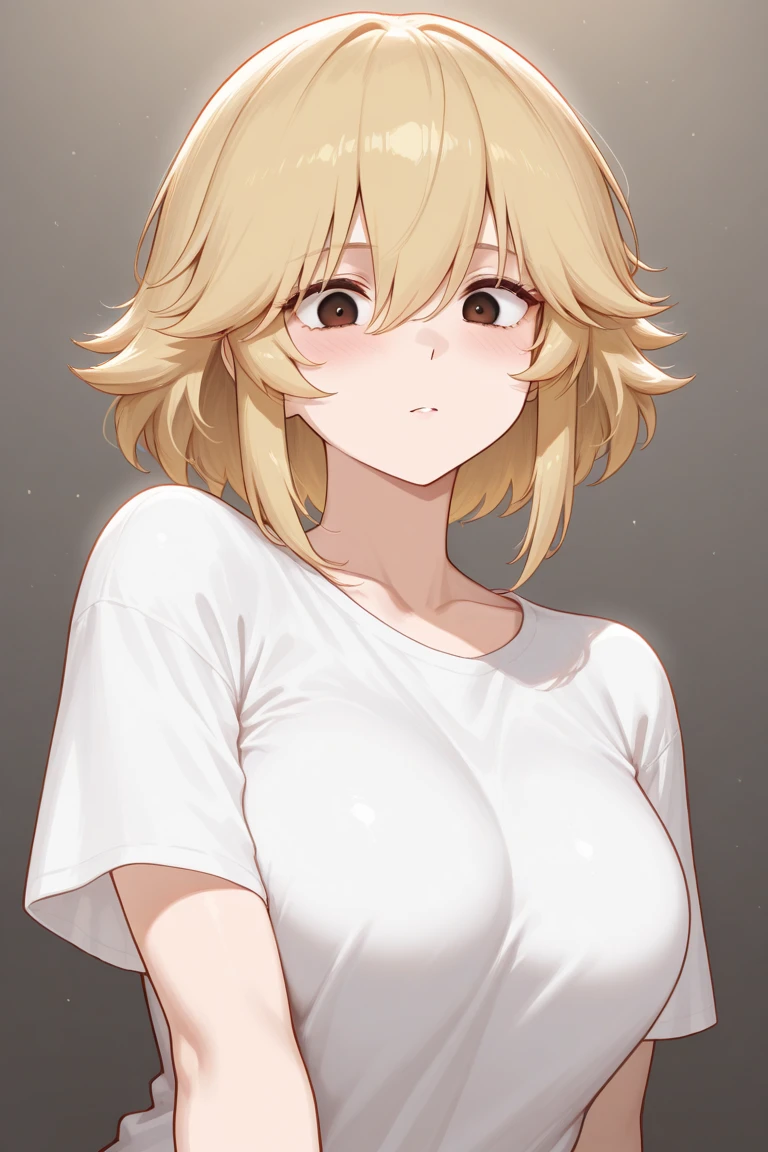 Show your whole body, short, Yellow Eyes, Yellow Hair, Large Breasts, cute, Baby Face, front, Blue background, White shirt, Sitting, Look straight, center, middle, Photo for ID, Clear face, front