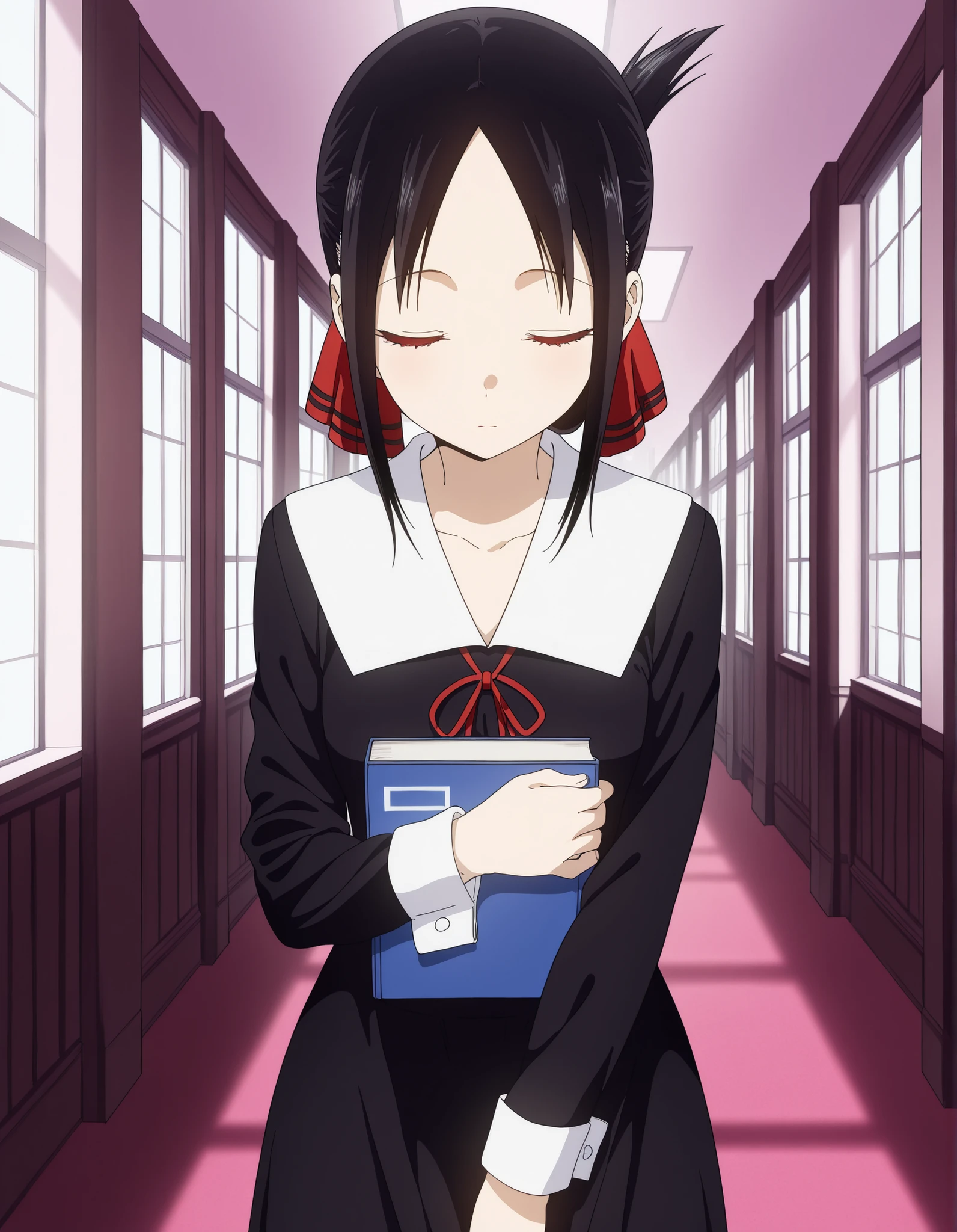 masterpiece, best quality, amazing quality,, kaguya shinomiya, short hair, bangs, black hair, red eyes, hair ribbon, sidelocks, folded ponytail, parted bangs, mature female, small breasts, anime screencap, long sleeves, dress, ribbon, school uniform, collarbone, black dress, sailor collar, white sailor collar, red ribbon, neck ribbon, shuuchiin academy school uniform, interior, school uniform, solo, cowboy shot, solo, hallway, holding books, windows, studients in the back, looking facing down, closed eyes, sleeping