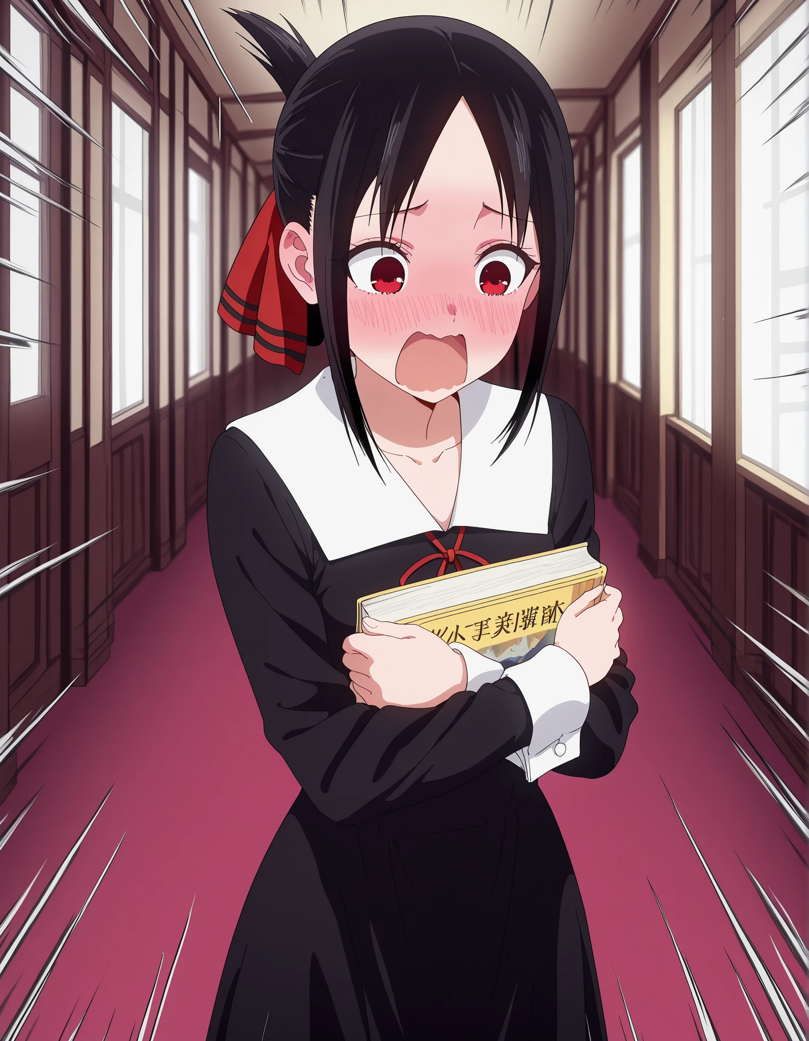masterpiece, best quality, amazing quality,, kaguya shinomiya, short hair, bangs, black hair, red eyes, hair ribbon, sidelocks, folded ponytail, parted bangs, mature female, small breasts, anime screencap, long sleeves, dress, ribbon, school uniform, collarbone, black dress, sailor collar, white sailor collar, red ribbon, neck ribbon, shuuchiin academy school uniform, interior, school uniform, solo, cowboy shot, solo, hallway, holding books, windows, studients in the back, facing down, ((ashamed)), ((blushing)), ((lookind down)), ((yelling)), (((!))), (movement lines)