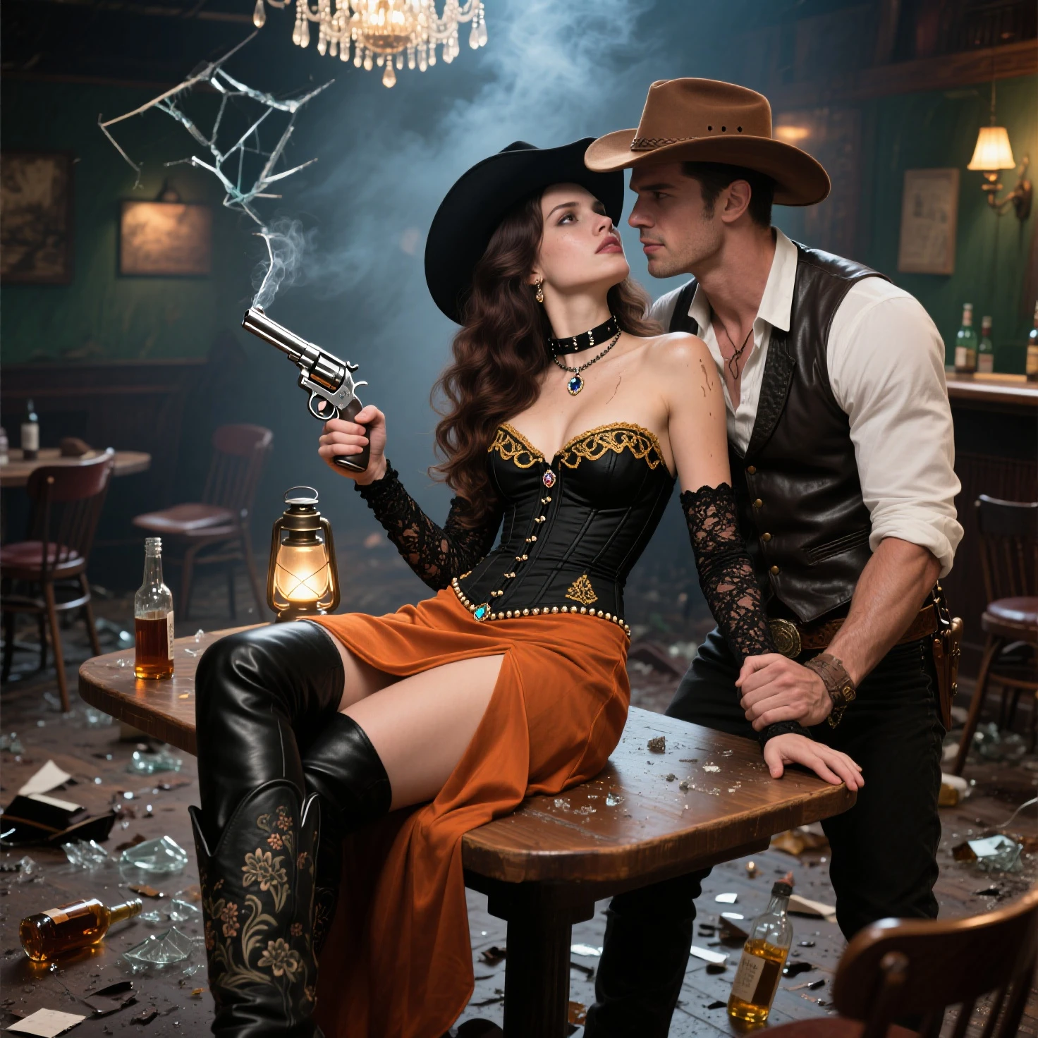 an old bearded steampunk alchemist in his laboratory by his side his beautiful female assistant dressed in a revealing leather outfit
