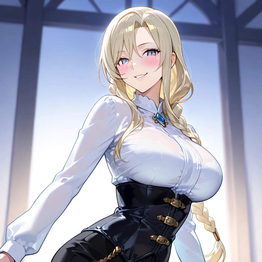 masterpiece, night, Yamanaka Ino, 1girl, solo, long hair, blonde hair, blue eyes, looking at the viewer, hair between eyes, closed mouth, smirk, shirt, big breasts, short leggings, female groin, big ass, chubby legs, cum bathed, cum on hair,